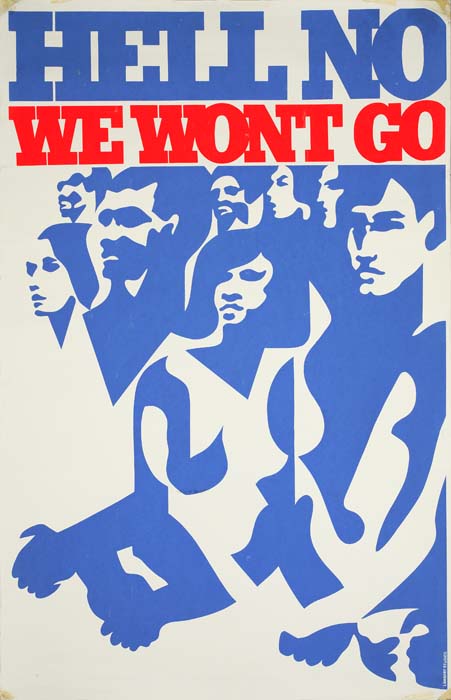 Hell No, We Won’t Go, blue and red poster