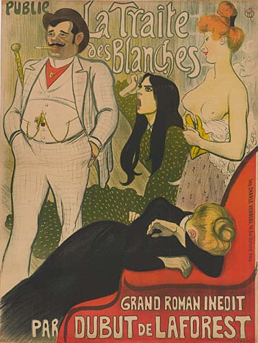 Publie La Traite des blanches, woman in black in red arm chair, topless woman