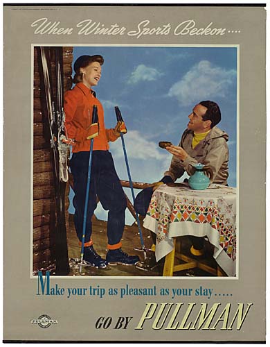 Go by Pullman, grey poster, skiier in red