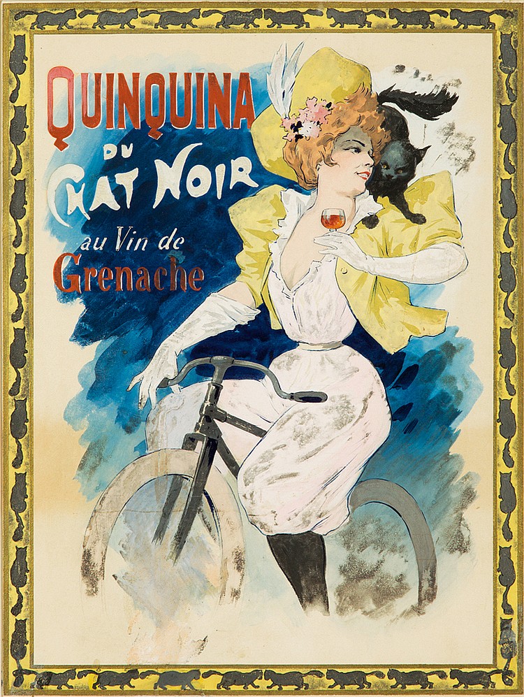 Quinquina du Chat Noir au Vin, woman in white and yellow holds glass on a bicycle