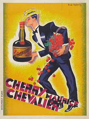 Cherry Maurice Chevalier, yellow poster, man with bottle