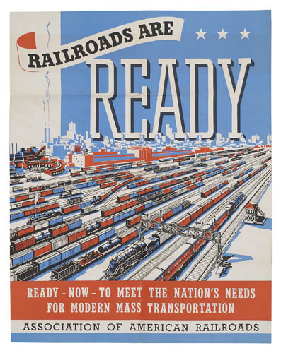 Railroads are Ready, red, blue, and white train yard