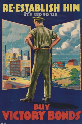 Re-Establish Him, It’s Up to Us, Buy Victory Bonds, blue poster