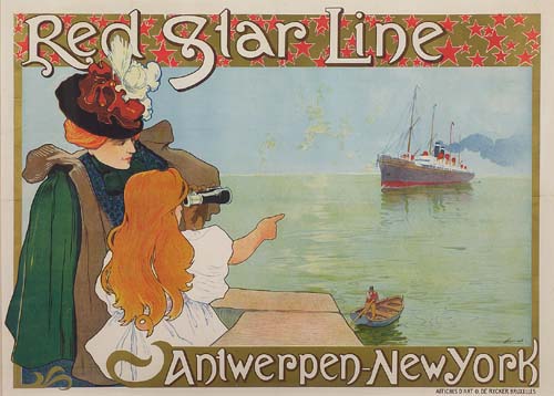 Red Star Line Antwerpen New York, woman and child look through binoculars