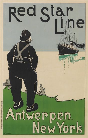 Red Star Line Antwerpen New York, man in black, black ship