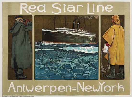 Red Star Line Antwerpen New York, man in yellow, ship at stormy sea