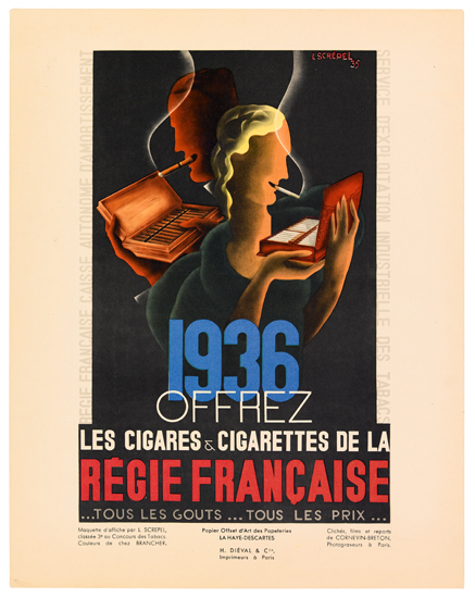 1936 Offrez Les Cigares and Cigarettes de la Regie Francaise, woman smoking