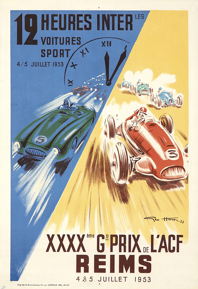 Reims, blue and yellow poster, cars racing