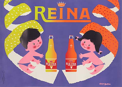 Reina, blue poster, shildren with drinks