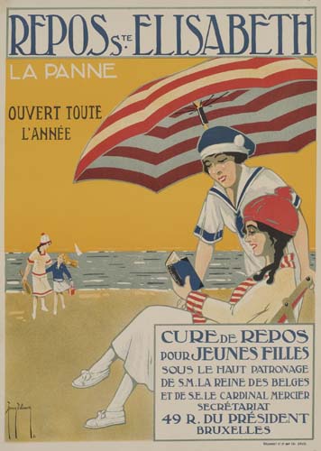 Repos Ste Elisabeth, women on the beach, striped umbrella