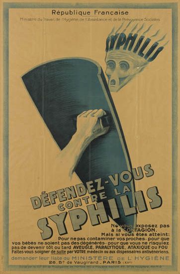 Defendez-Vous Contre la Syphilis, man holds blue shield