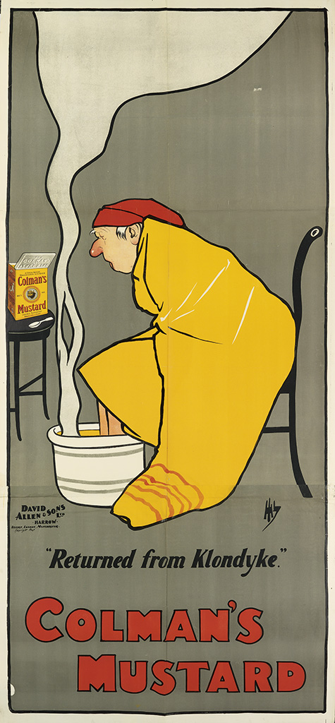 Colman’s Mustard, long grey poster, sick man in yellow blanket