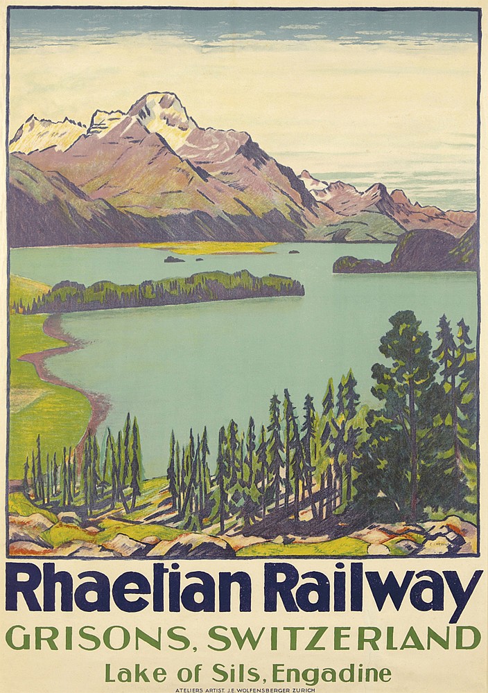 Rhaetian Railway Grisons Switzerland, purple mountains