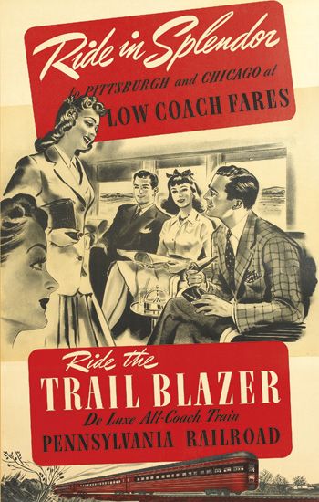 Ride in Splendor Low Coach Fares, Ride the Trail Blazer, Pennsylvania Railroad, crowd inside train car