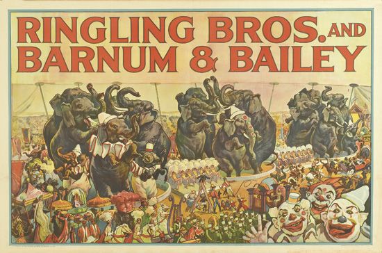 Ringling Bros and Barnum and Bailey Combined Shows, Berta Beeson, blue poster, woman in pink dress