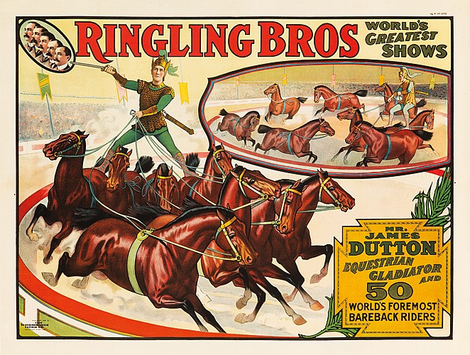 Ringling Bros Mr. James Dutton, man rides horses