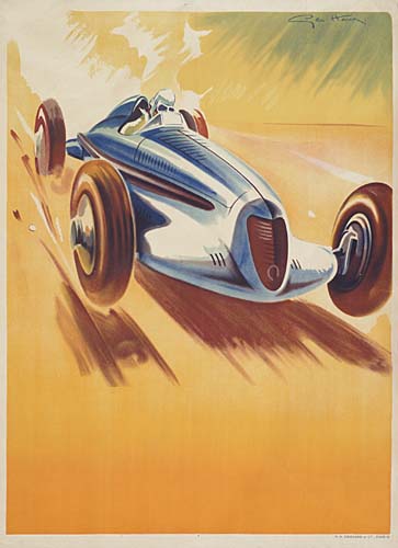 Blue car, yellow poster