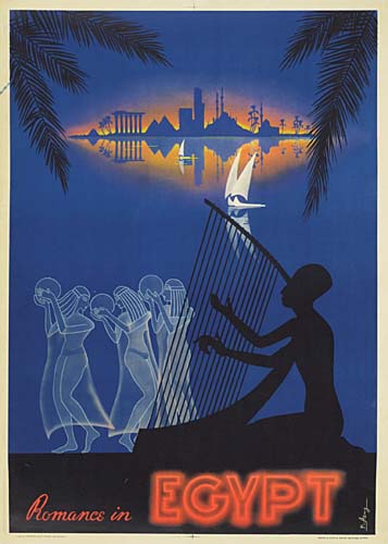 Romance in Egypt, blue poster, man playing harp