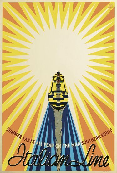 Italian Line, orange poster, yellow ship