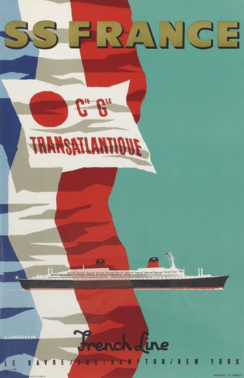 SS France French Line, flags, blue poster