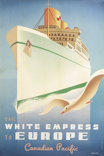 Sail White Empress to Europe, Canadian Pacific, blue poster, white ship