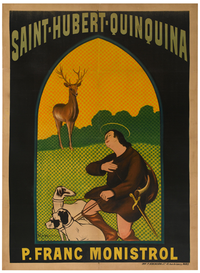 Saint Hubert Quinquina, man with dogs, deer