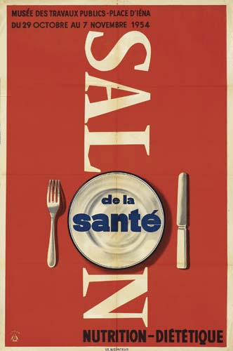 Salon de la Sante, dinner place setting, red poster