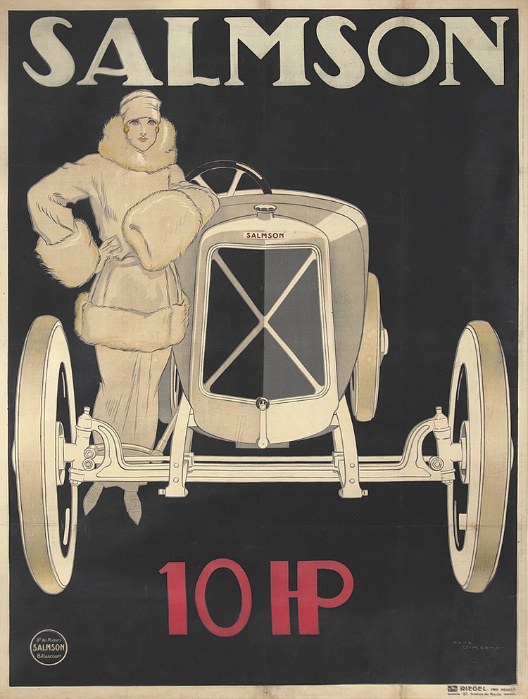 Salmson 10 HP, black poster, woman in white, white car