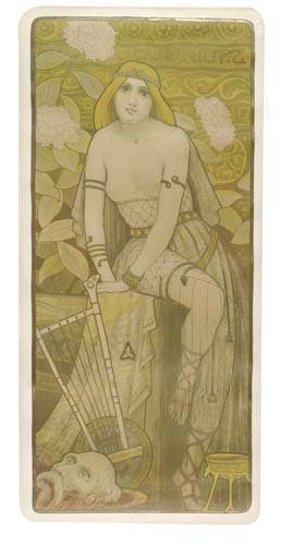Topless woman, harp