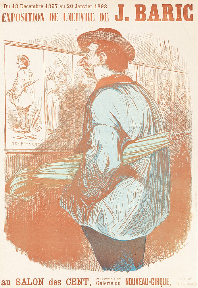 Man looks at painting, red sketch