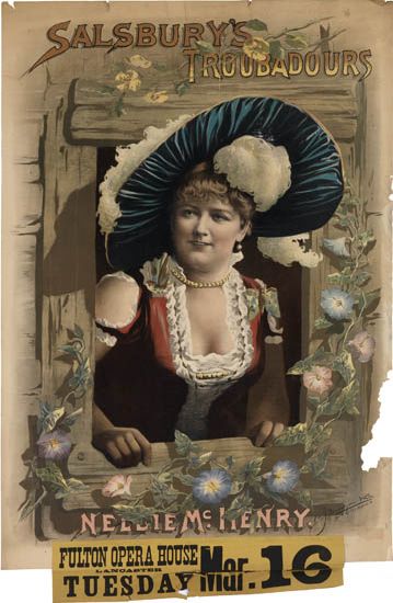 Salsbury’s Troubadours Nellie McHenry, Fulton Opera House, woman in blue hat