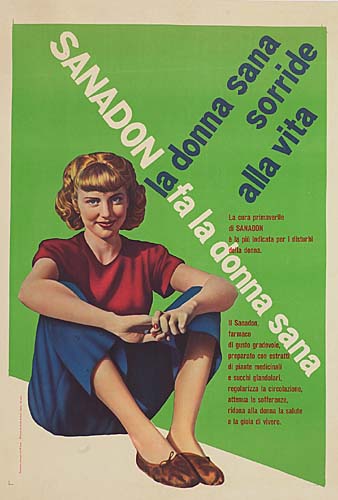 Sanadon fa la Donna Sana, green poster, woman sits