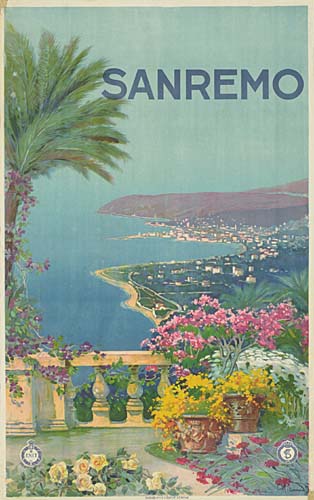 Sanremo, blue poster, balcony and flowers