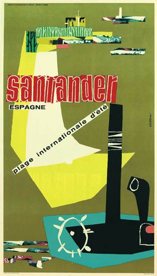 Santander Espagne Plage Internationale d’ete, green poster, ship