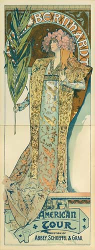 Sarah Bernhardt American Tour, long poster, woman in blue and gold
