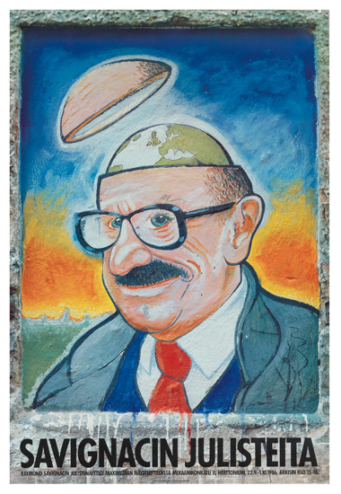 Savignacin Julisteita, man with globe for a brain