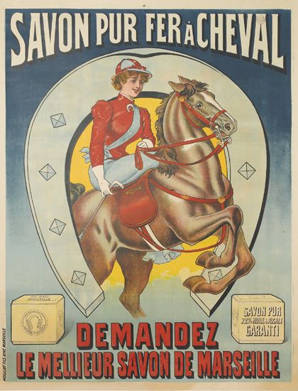 Savon pur fer a Cheval Demandez, woman in red on a horse