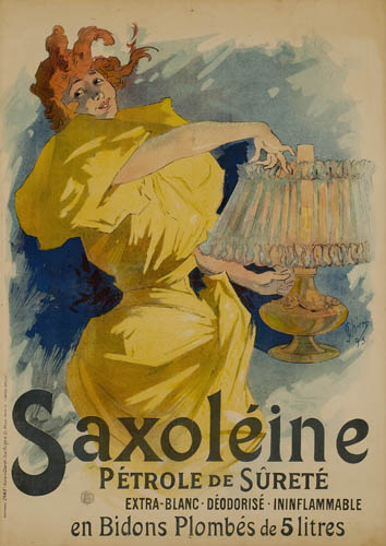 Saxoleine Petrole de Surete, woman in yellow dress, lamp