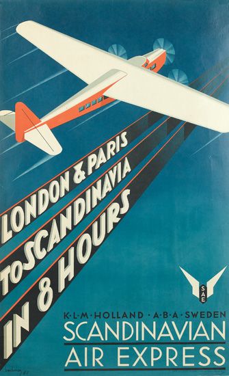 Scandinavian Air Express, blue poster, white plane