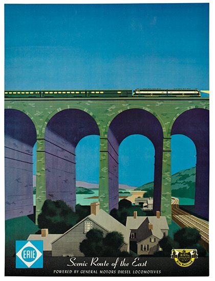 Scenic Route of the East, blue poster, train on bridge