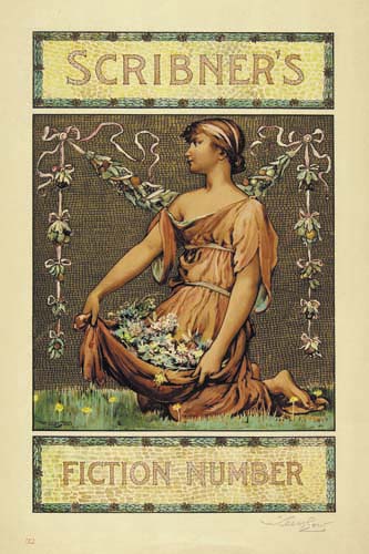 Scribner’s Fiction Number, mosaic, woman in red gathers flowers