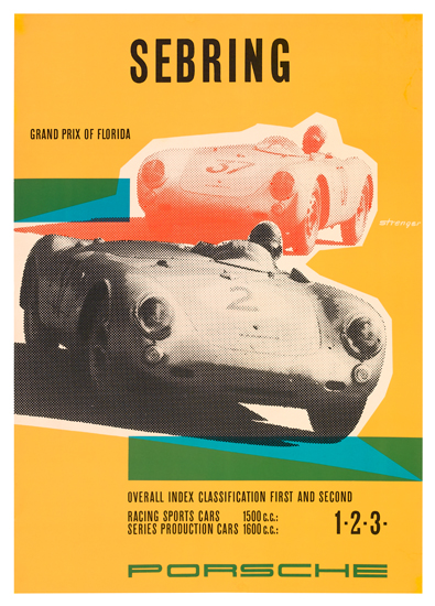 Sebring Porsche, two racing cars, yellow poster