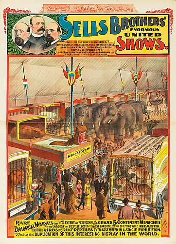 Sells Brothers’ Enormous United Shows, elephants, animals in cages