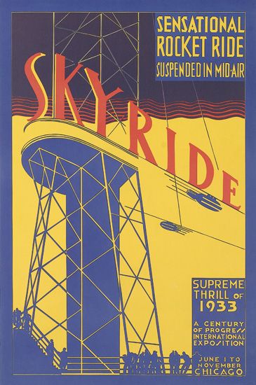 Skyride Sensational Rocket Ride, blue and yellow poster