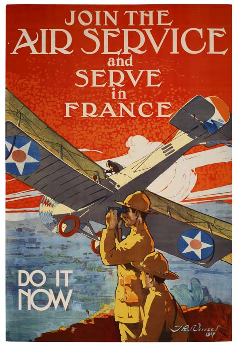 Join the Air Service and Serve in France, Do It Now, red poster, plane