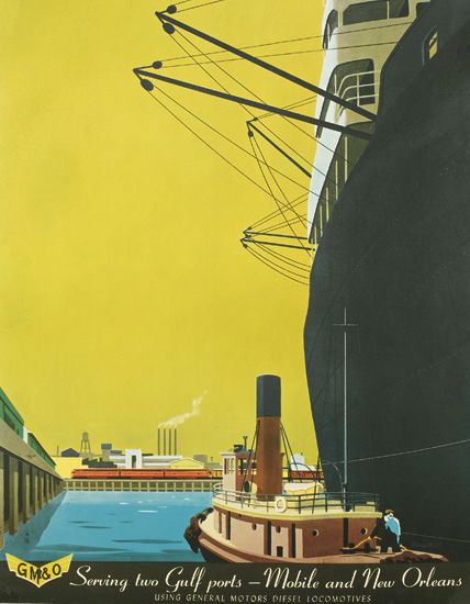 Serving two Gulf ports, Mobile and New Orleans, yellow poster, black ship