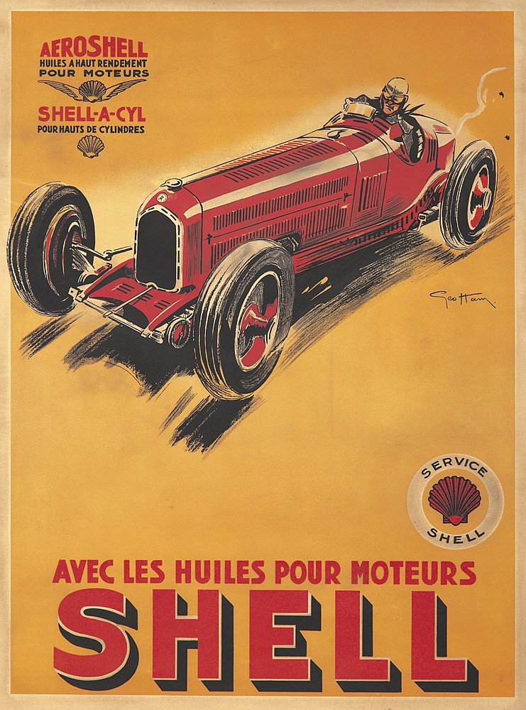 Avec les Huiles Pour Moteurs Shell, yellow poster, red car