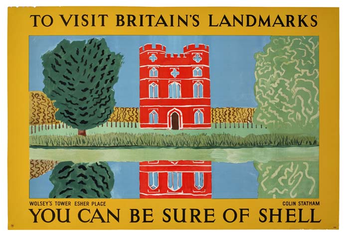 You Can Be Sure of Shell, To Visit Britain’s Landmarks, yellow border, red building