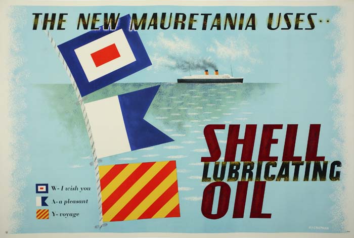 Shell Lubricating Oil, New Mauretania Uses, blue poster, flags
