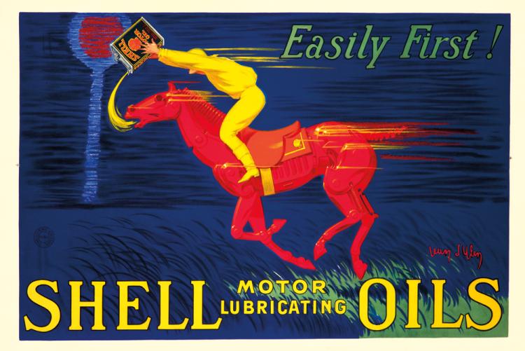 Shell Motor Lubricating Oils, blue poster, red horse